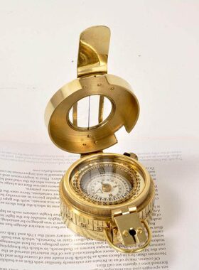 印度进口新款纯铜西洋日晷罗盘指南针商务摆件航海指北针带水平仪