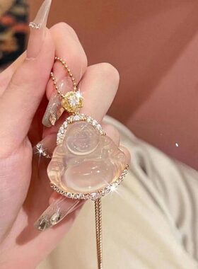 网红精美天然高冰玉髓佛公黄钻招财佛公玉髓吊坠项链