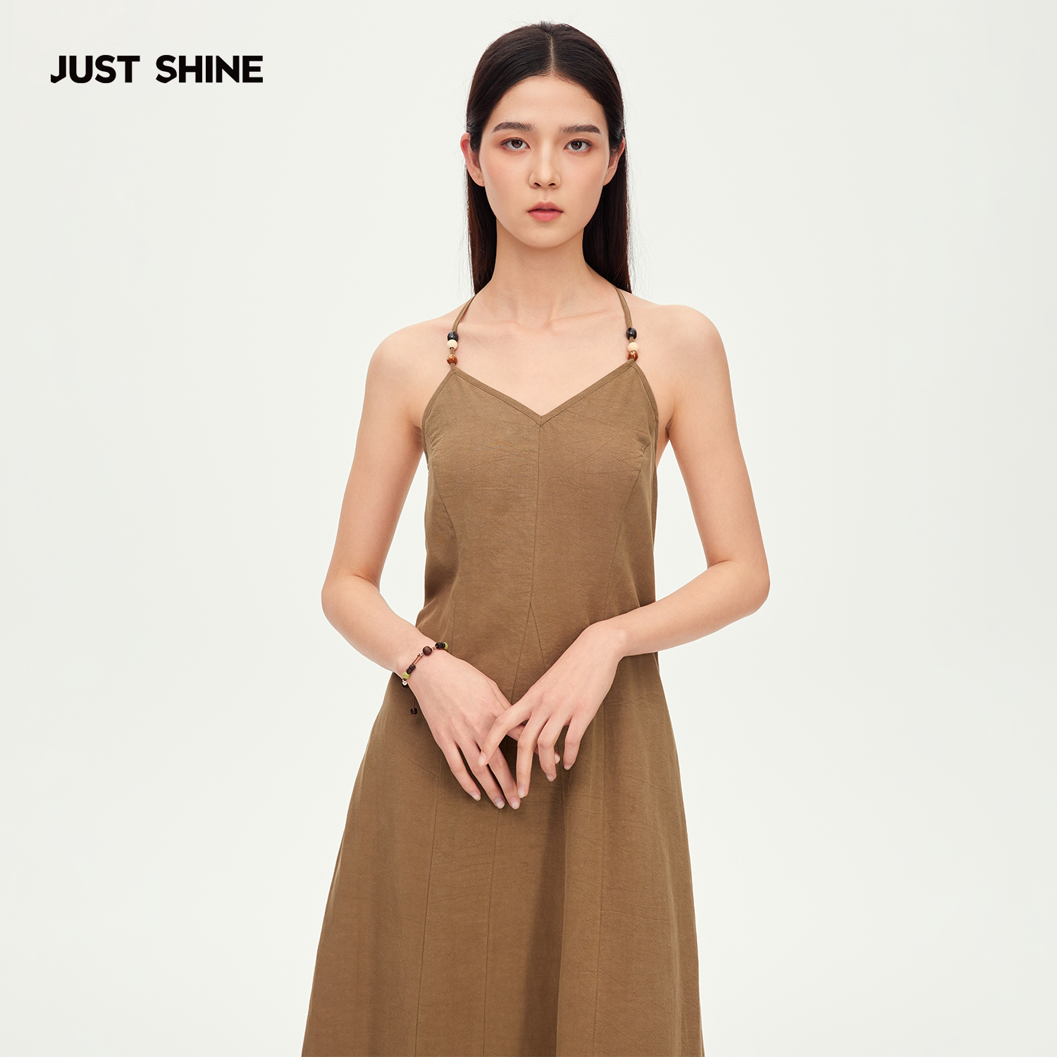 JUST SHINE/时晒新中式挂脖修身长裙气质V领收腰显瘦亚麻连衣裙图片