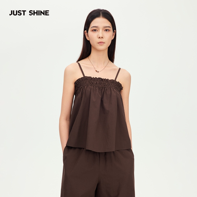 JUST SHINE/时晒美拉德棕色木耳边吊带女 宽松遮肉显瘦娃娃衫上衣