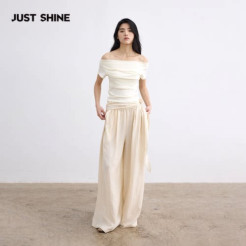 JUST SHINE/时晒复古文艺垂感百搭蝴蝶结新中式高腰系带阔腿裤