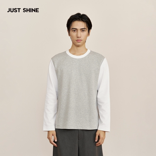 JUST SHINE/时晒拼色长袖T恤秋季圆领宽松上衣个性撞色休闲打底衫