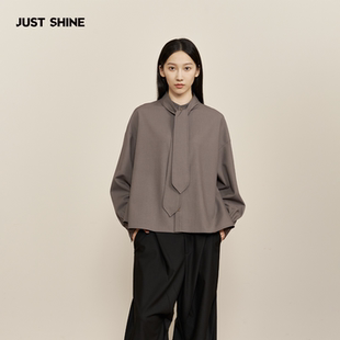 JUST SHINE/时晒复古灰调系带衬衫宽松垂感长袖款通勤休闲衬衣