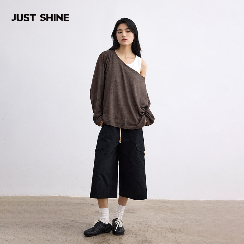 阔腿宽松直筒中裤时晒五分梭织