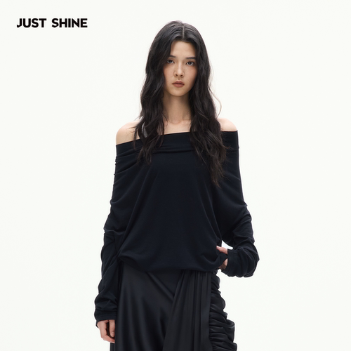 JUST SHINE/时晒美利奴羊毛t恤一字肩荡领两穿松弛背心假两件上衣