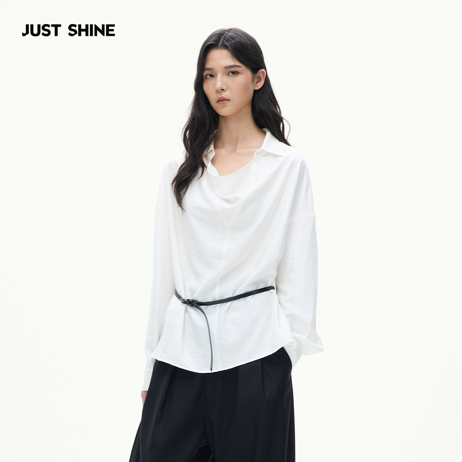JUST SHINE/时晒松弛感荡领廓形长袖衬衫竹纤维透气宽松落肩衬衣图片