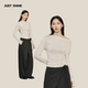 SHINE 白色露肩褶皱收腰上衣修身 长袖 JUST 显瘦辣妹风内搭打底衫