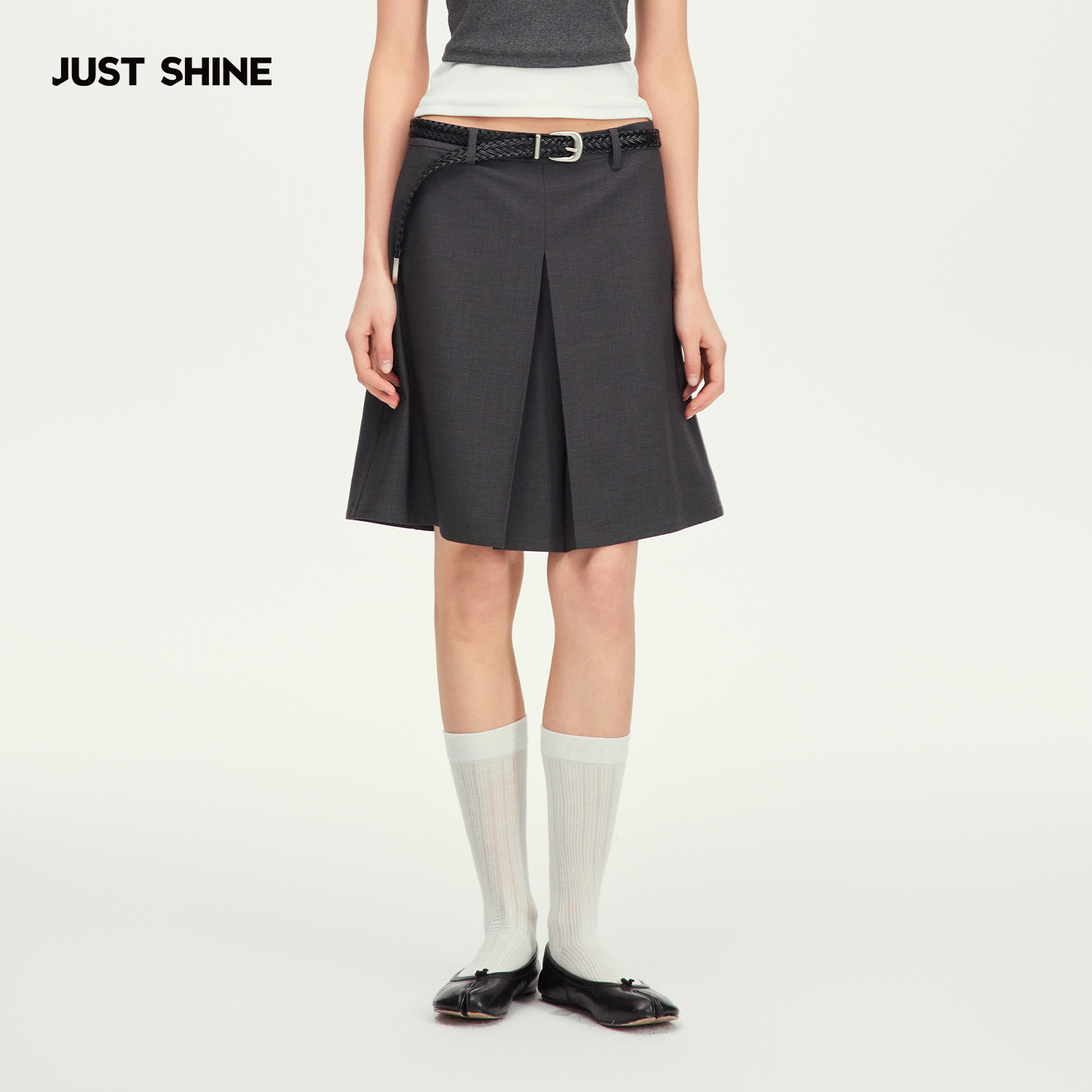 JUST SHINE/时晒学院风西装半身裙短裙女高腰中裙松弛职场灰色裙