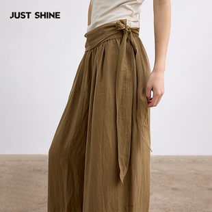 JUST SHINE/时晒复古文艺卡其色垂感蝴蝶结新中式高腰系带阔腿裤