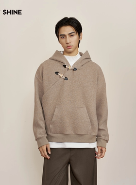 JUST SHINE牛角扣连帽衫情侣装男女磨毛冬800g正肩小众设计感卫衣