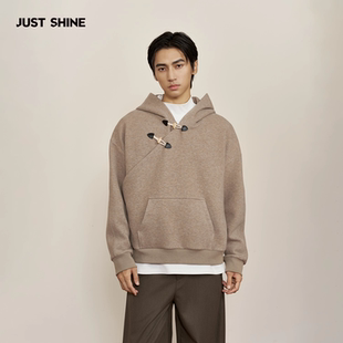 男女磨毛冬800g正肩小众设计感卫衣 情侣装 JUST SHINE牛角扣连帽衫