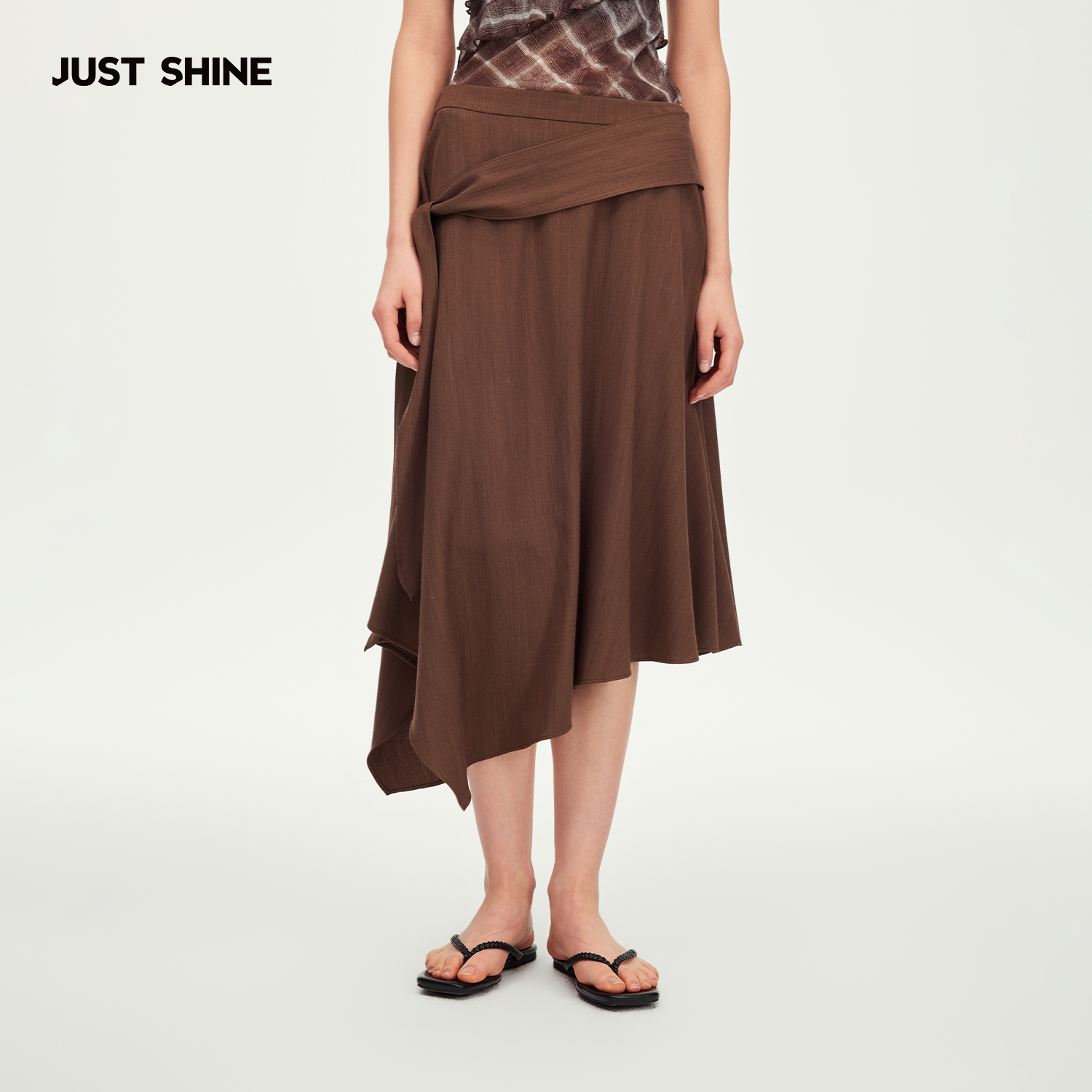 JUST SHINE/时晒不规则绑带半身裙松弛感新中式高腰中长茶歇裙子图片