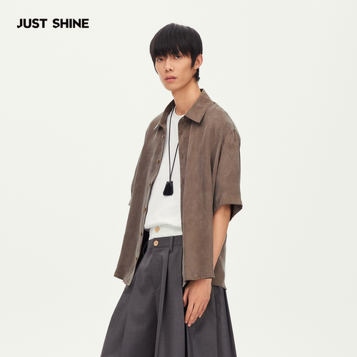 JUST SHINE/时晒复古工装风短袖衬衫男宽松翻领衬衣日系松弛感