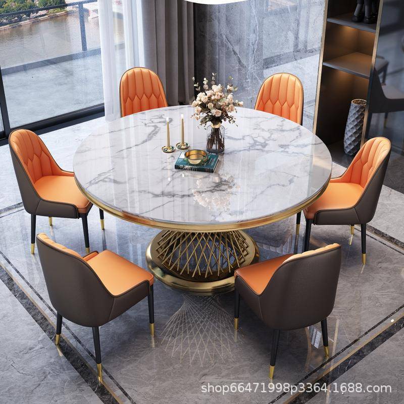 轻奢大理石餐桌椅组合圆桌现代简约家用圆形小户型带转盘岩板餐桌