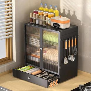厨房防尘置物架家用放碗碟沥水收纳架多功能台面收纳餐具储物柜子