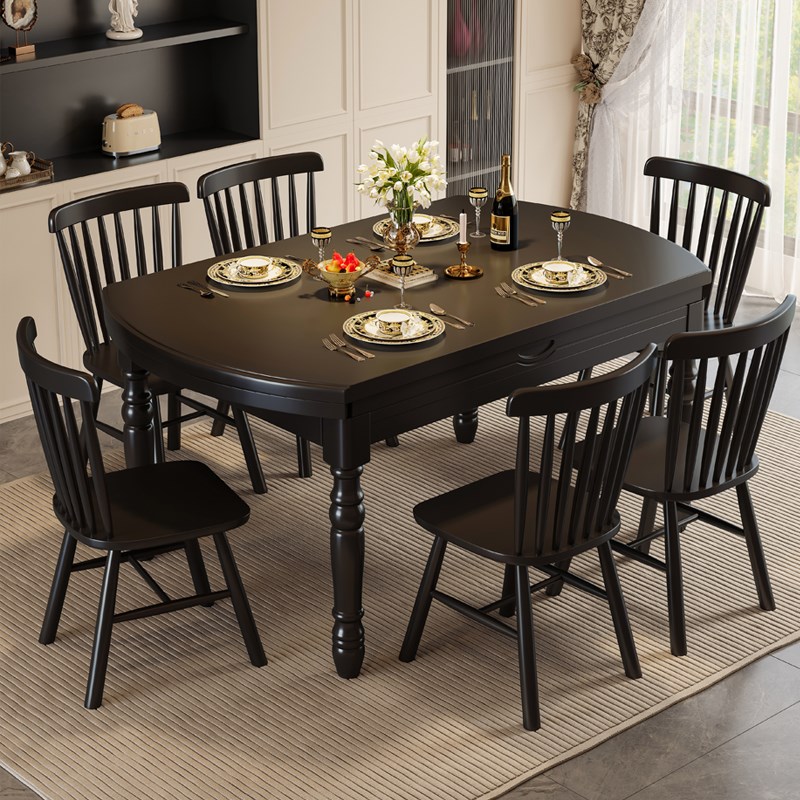法式复古实木圆桌黑色美式轻奢吃饭餐桌家用木头伸缩方圆两用家庭