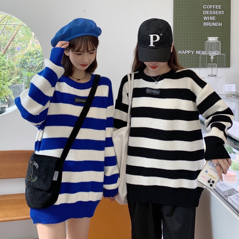 实拍秋冬装新款慵懒风大码女装胖MM条纹宽松加厚毛衣L4XL200斤