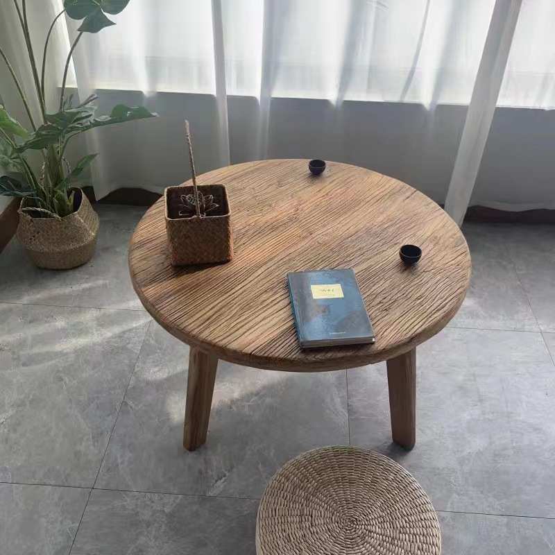 老榆木圆桌简约家用沙发边禅意茶台阳台小茶几实木茶桌茶盘餐桌