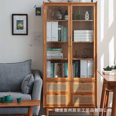 北欧实木书柜带柜门家用开门式收纳藤编置物架带抽屉玻璃门柜子
