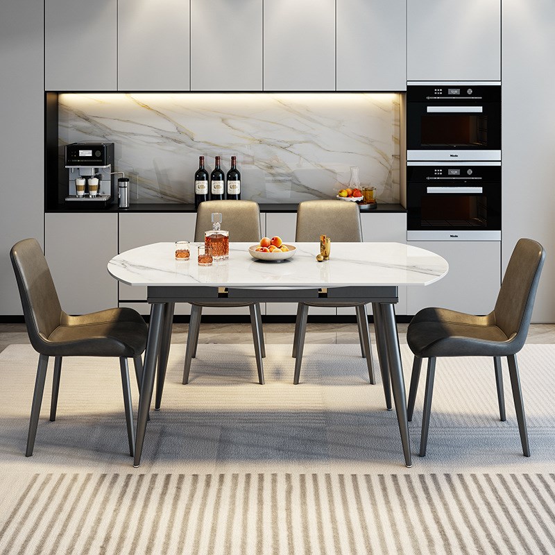 岩板伸缩餐桌家用小户型现代简约折叠餐L桌可伸缩圆形餐桌椅组合