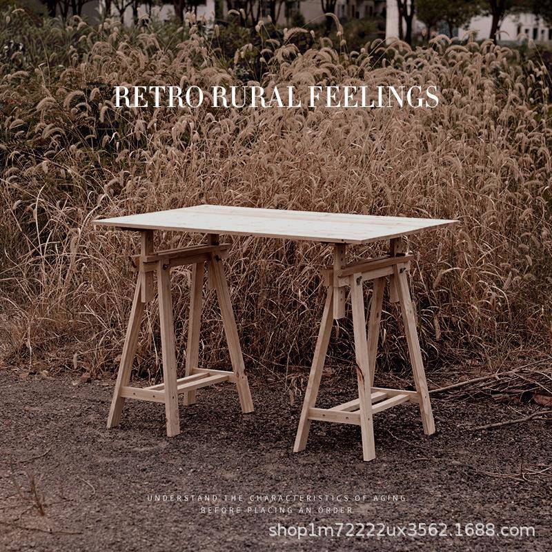 实木升降款桌腿支架工作台复古做旧拍照道具桌子台面原木条长凳