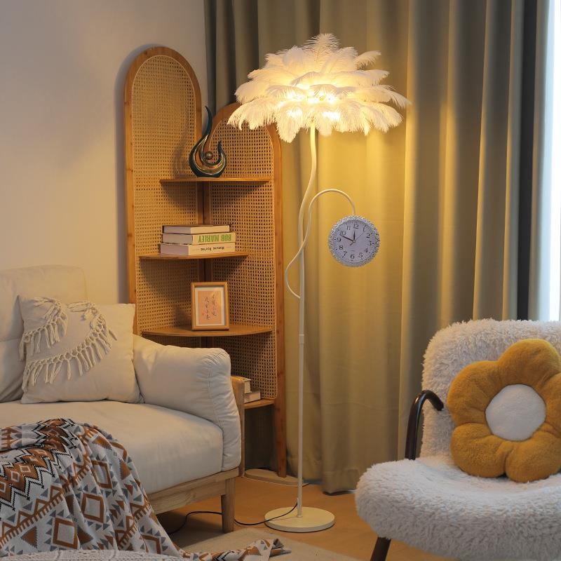 奶油风羽毛落地灯客厅沙发旁边带置物架卧室床头立式台灯装饰灯具