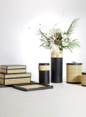 大星新款现代黑色超纤皮革加竹席卧室首饰盒托盘花器组合收纳摆件