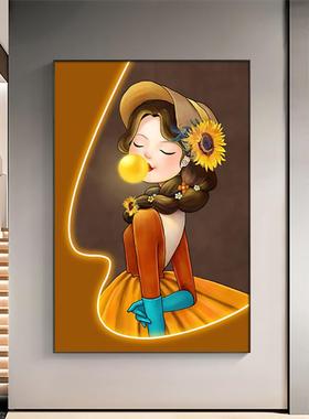 热销现代轻奢橙色吹泡泡女孩人物发光灯条客厅走廊玄关落地装饰画