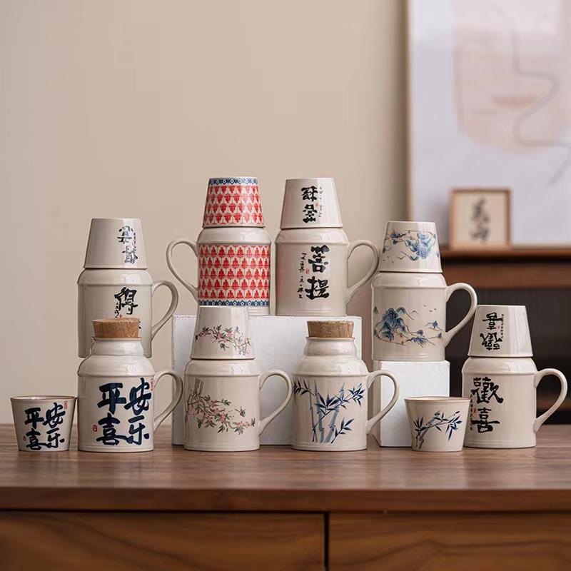 汝窑小暖壶闷茶壶带茶杯陶瓷保温壶大容量马克杯带盖中式办公杯