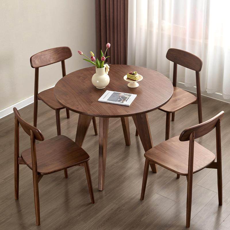 北美黑胡桃木实木餐桌现代简约樱桃木圆饭桌家用小户型圆桌椅组合