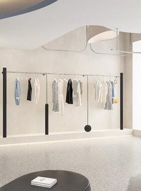 服装店黑色烤漆银色不锈钢男女装上墙壁挂货架落地式挂衣杆陈列架