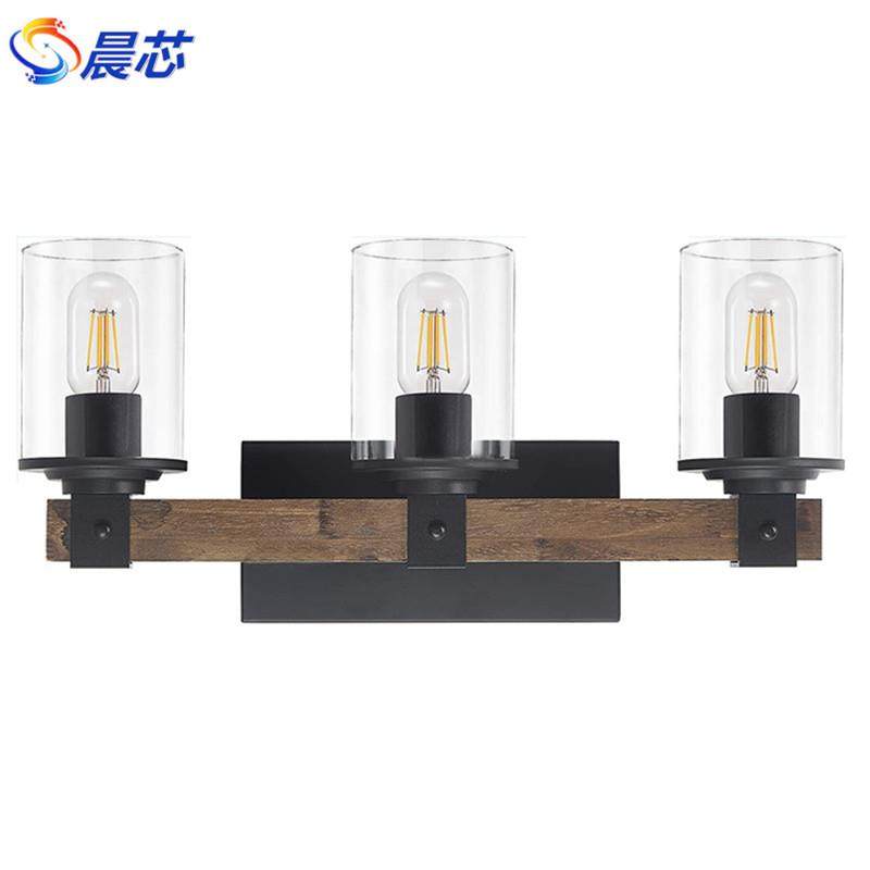 农舍梳妆台镜前灯乡村风格木质浴室工业复古金属透明玻璃壁灯