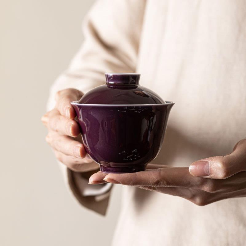 葡萄紫手绘双线盖碗泡茶杯单个家用二才泡茶碗陶瓷不烫手盖碗茶具