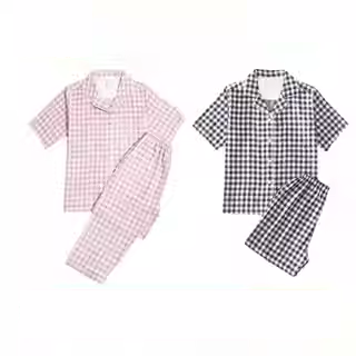 无印良品纯棉短袖睡衣女款无侧缝双层纱格子夏季薄款家居服简约风