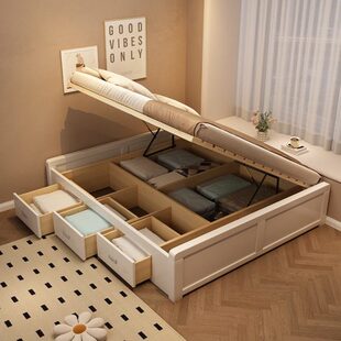 全实木床榻榻米床头1x1白色35小户型无9米边齐..储物高箱省空间床