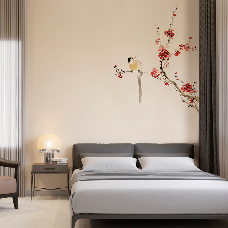 现代新中式梅花花鸟墙纸客厅电视背景墙壁纸素色卧室无.缝墙布壁