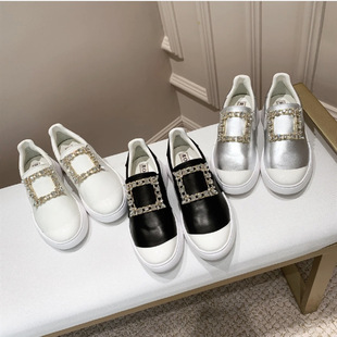 牛皮版~rv水钻方扣小白鞋女厚底内增高运动鞋休闲鞋懒人鞋乐福鞋