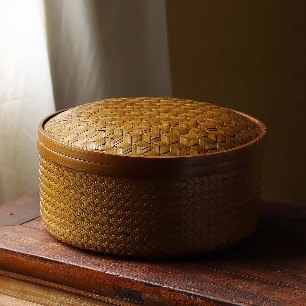 手工竹编带盖储物盒精品玉竹制茶具配件收纳盒圆形防尘收纳盒子