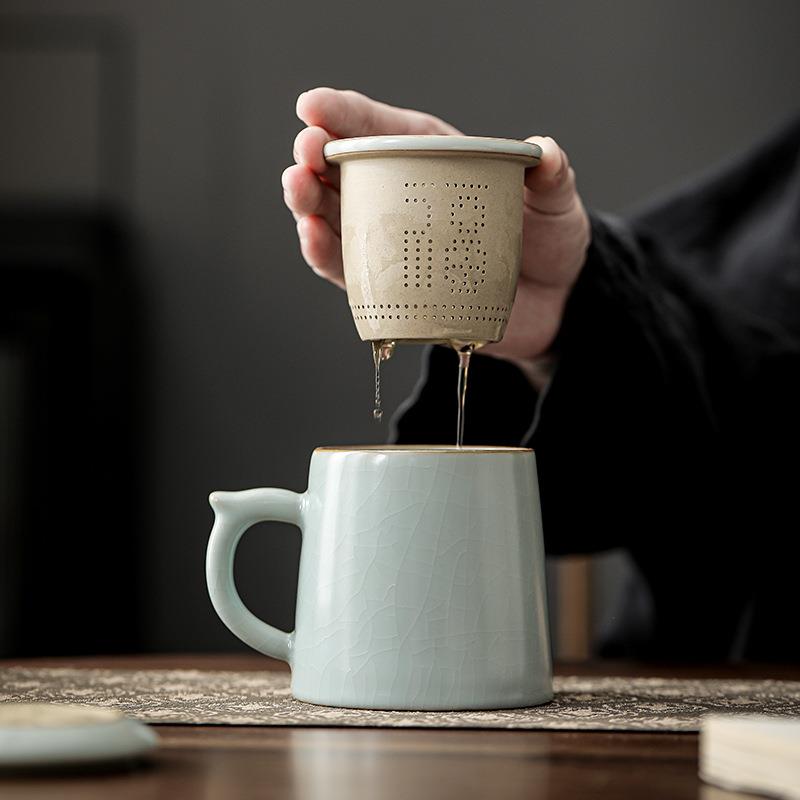 天青汝窑陶瓷泡茶杯个人专用喝茶茶水分离办公室带盖过滤马克杯子