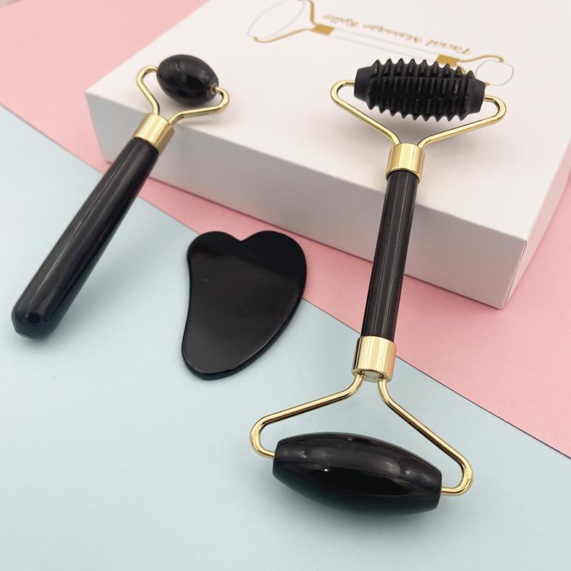 现货供应家用私人经络按摩器材三件套岫玉打磨双头眼部滚轮刮痧板