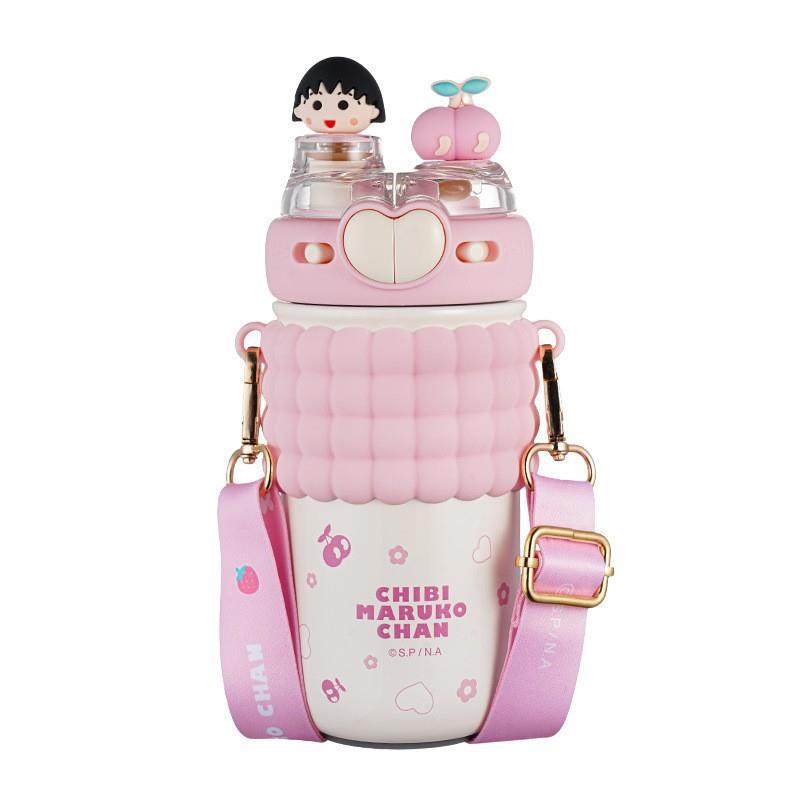 樱桃小丸子带吸管保温杯女生高颜值双饮杯子上学专用可爱儿童水壶