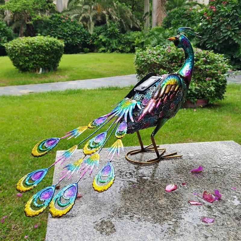 田园庭院花园装饰铁皮动物出口外贸太阳能灯发光发亮铁艺孔雀摆件
