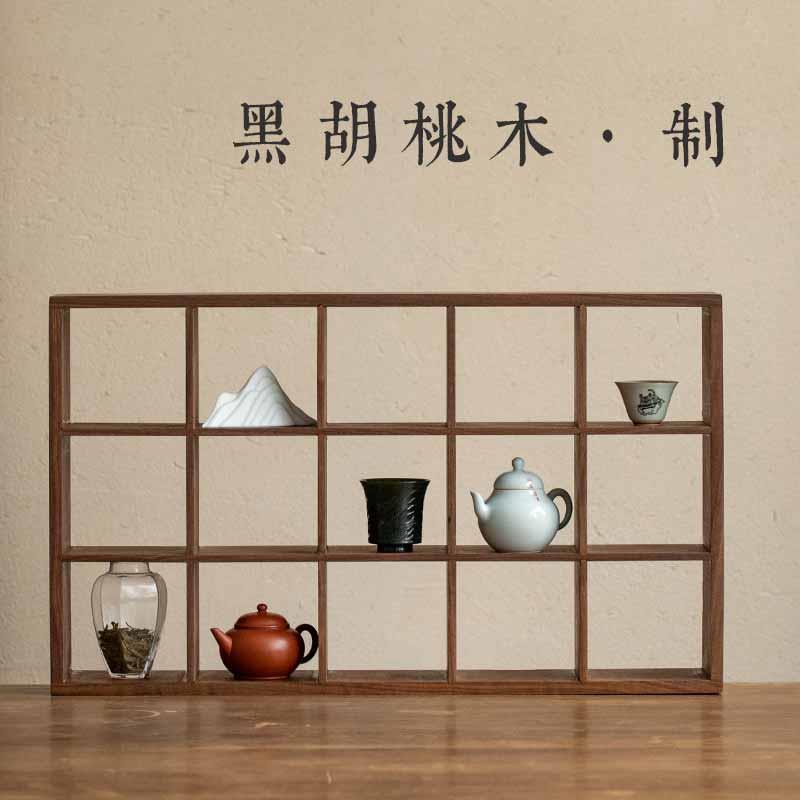 W6黑胡桃木多宝阁实木置物架新中式挂壁博古架茶杯架客厅茶杯收纳