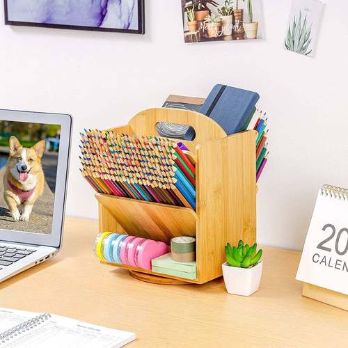 销售办公桌面收纳盒竹制艺术用品收纳盒旋转彩笔双面笔架