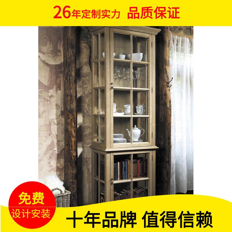 出口法式美式实木单门书柜书架带玻璃门镂空简约现代玻璃柜展示柜