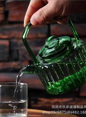 竹节绿色玻璃泡茶壶家用耐高温手提水壶创意高颜值水壶新款个性