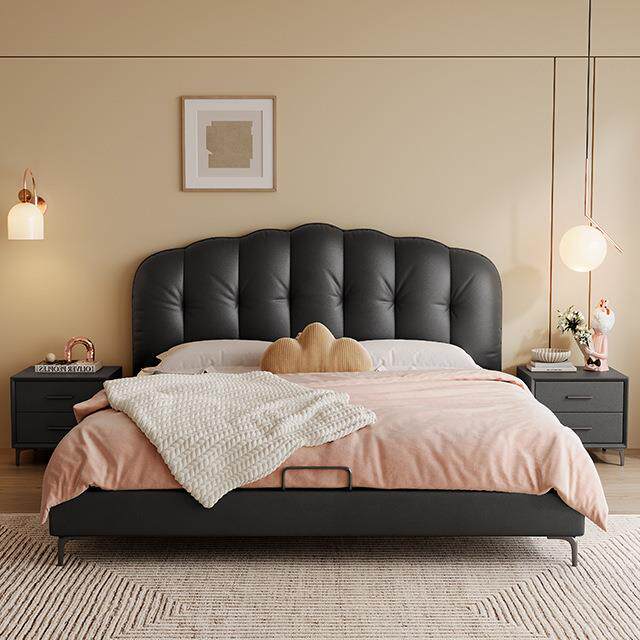 真皮床奶油风黑色泡芙床现代简约主卧1.8m双人大床婚床软包储物床