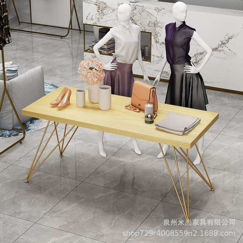 实木写字书桌家用电脑桌金色桌脚铁艺办公服装店中岛架台流水柜台