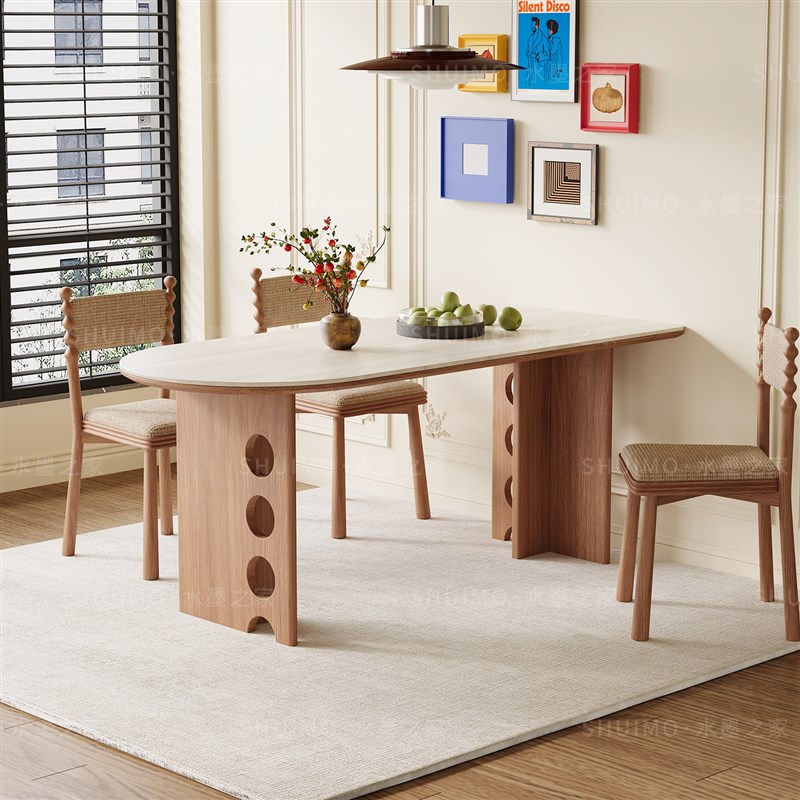 德利丰岩板法式中古奶油洞石客厅餐桌F小户型家用半岛圆椭圆长方