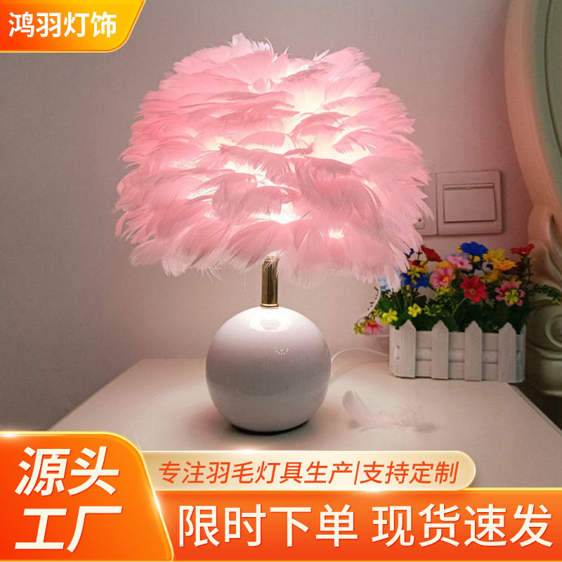 跨境羽毛台灯陶瓷圆球粉红纯白灰鹅毛床头灯卧室书房客厅房间台灯